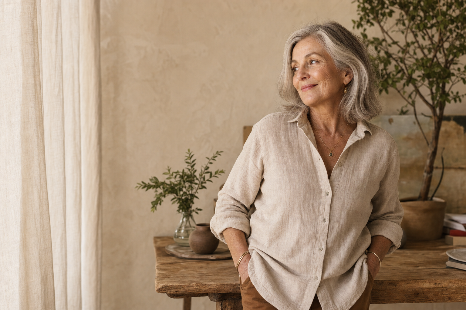 A woman reflecting in a serene, sunlit space