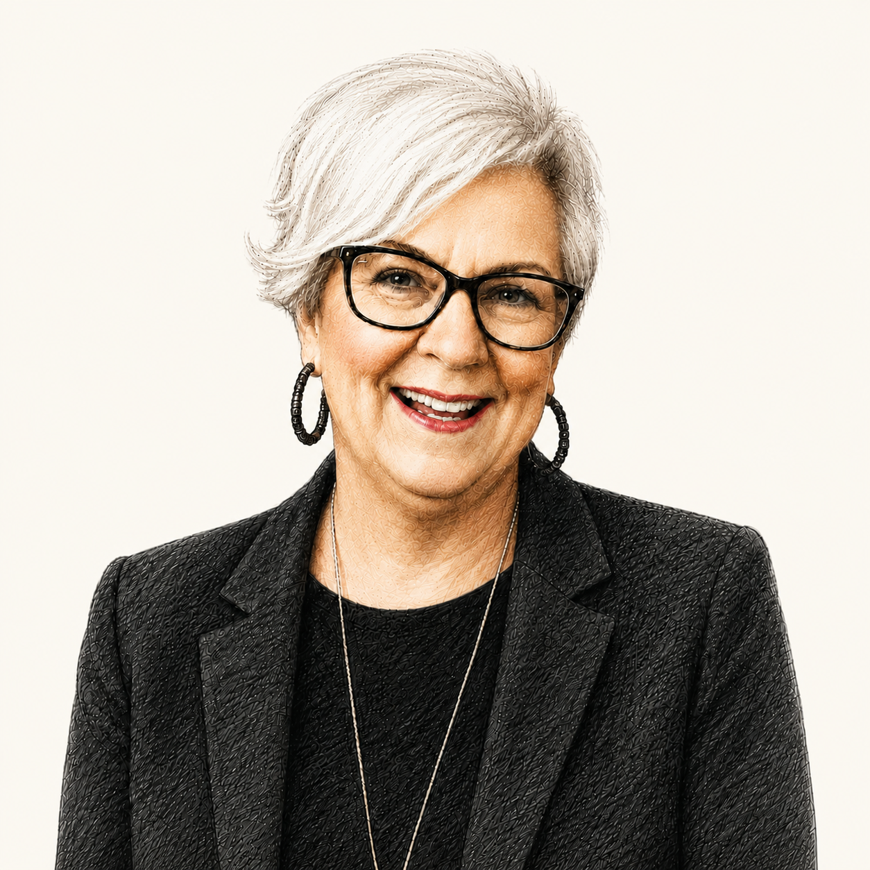 A close portrait of a smiling woman with short white hair and glasses wearing a dark blazer, rendered as a color pencil portrait